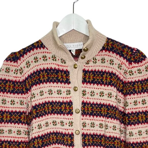 Edina Ronay England Tan, Red, Blue Fair Isle Hand Knit Wool Cardigan Sweater - Picture 5 of 10